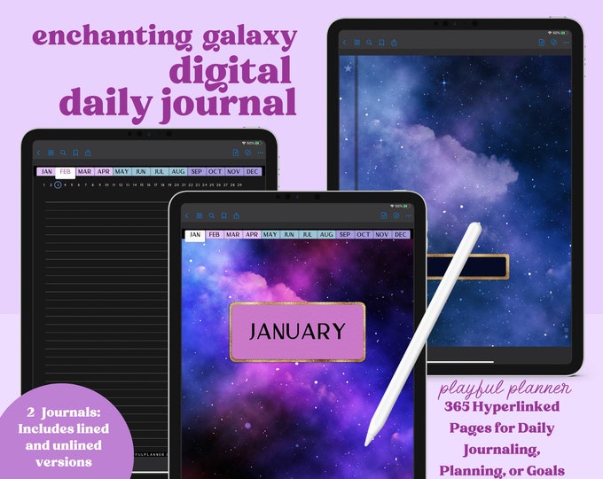 Daily Digital Journal with 365 Hyperlinked Dark Mode Pages includes a Notebook with 12 Sections, 8 Covers, and 13 PNG Template Stickers