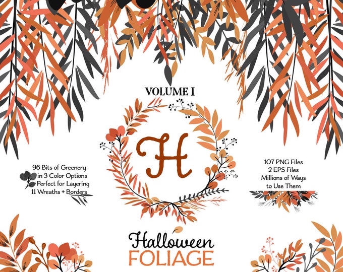 Halloween Leaf Clip Art | Fall Wreath | Vector Foliage | Halloween Wreath, Branch, and Botanical Graphics | Halloween Graphics