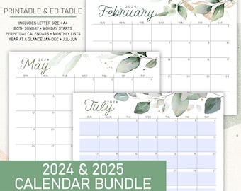 Printable 2024 2025 Landscape Editable  Calendar with Perpetual Calendar & Year at a Glance Includes Academic Version and A4 Letter Size