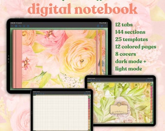 May include: A digital notebook app with a floral design. The app has 12 tabs, 144 sections, 25 templates, 12 colored pages, 8 covers, and dark and light modes.