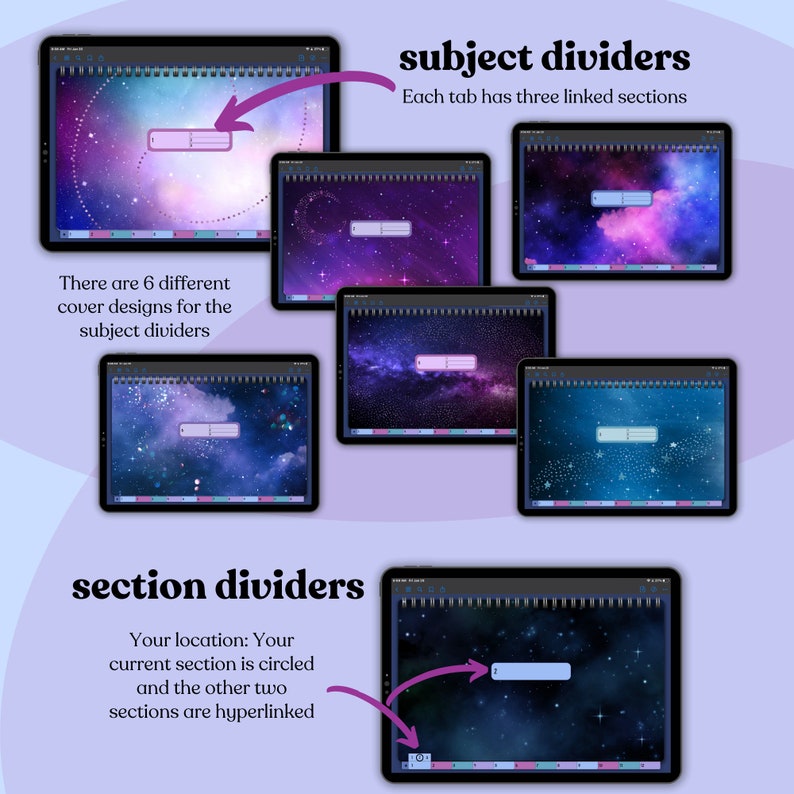 12 Subject Landscape Digital Notebook in Dark Mode & Light Mode with Hyperlinked Tabs, 8 Galaxy Covers, 30 Templates, and 29 PNG Inserts image 5