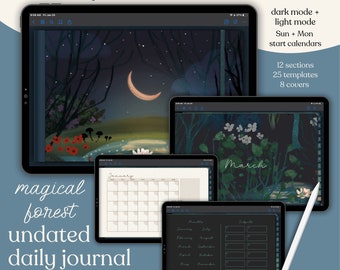 May include: A digital planner app with a magical forest theme. The app features 12 customizable sections, 25 templates, and 8 covers. The app has a dark mode and a light mode. The app also has a calendar that starts on Sunday or Monday.