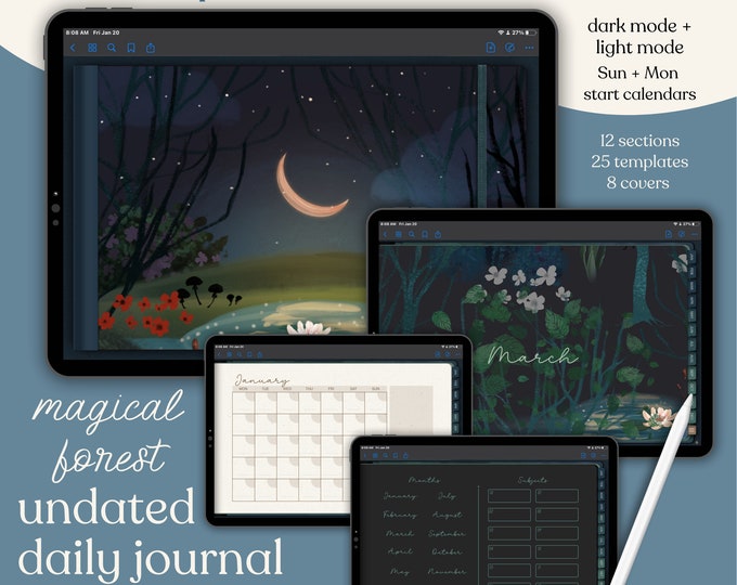 Undated Daily Digital Planner with Hyperlinked Journal Pages in Dark + Light Mode includes 12 Customizeble Sections and 8 Covers | MFDC1