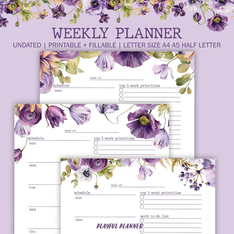 Fillable Weekly Planner Printable: Undated Work Schedule, A4 A5 Letter ...