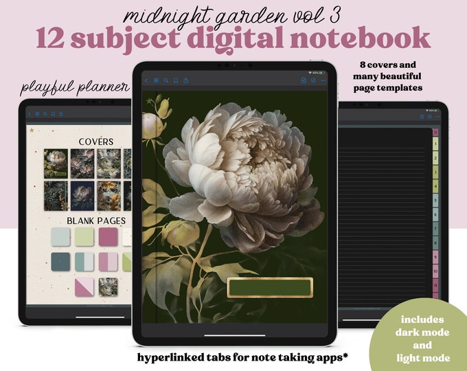 12 Tab Digital Notebook with Hyperlinked Tabs, 14 Note Page Designs, 8 Covers, Dark Mode and White paper versions included