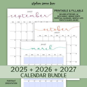 2026-2027 Calendar Bundle: Printable Monthly Portrait Calendars (Editable PDF Download