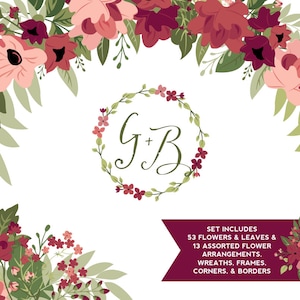Clipart de flor de Borgonha e vegetação | Porto Tawny e Sapatilha de Ballet Blush Flores, Folhas Grinaldas Ramos e Bordas
