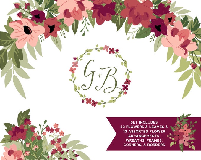 Burgundy & Greenery Flower ClipArt | Tawny Port and Ballet Slipper Blush Flowers, Leaves Wreaths Branches and Borders