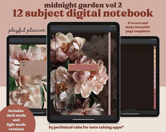 12 Subject Digital Notebook with Hyperlinked Tabs, 14 Note Page Designs, 8 Covers, Dark Mode and White paper versions included