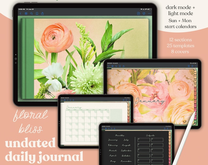 Undated Daily Digital Planner with Hyperlinked Journal Pages in Dark + Light Mode includes 12 Customizeble Sections and 8 Covers | FBDC1