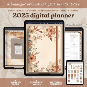 2025 Boho Dated Digital Planner enthält wöchentliche und tägliche Seiten, Ziele, Finanzierung, Gesundheit und Notizen, 8 Cover Designs | Porträt