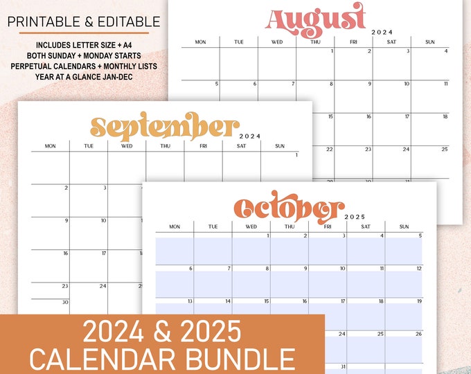 2024 2025 Calendar Bundle | Printable Editable Landscape Monthly Calendars, Perpetual Calendars, & Year at a Glance in A4 Letter Size