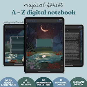 May include: A digital notebook with a magical forest theme. The cover features a crescent moon, a pond with a white water lily, and a dark green background. The notebook has 12 pages per letter, 3 extra sections, and 8 beautiful covers. It is available in both dark and light mode.