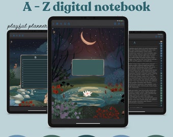 May include: A digital notebook with a magical forest theme. The cover features a crescent moon, a pond with a white water lily, and a dark green background. The notebook has 12 pages per letter, 3 extra sections, and 8 beautiful covers. It is available in both dark and light mode.