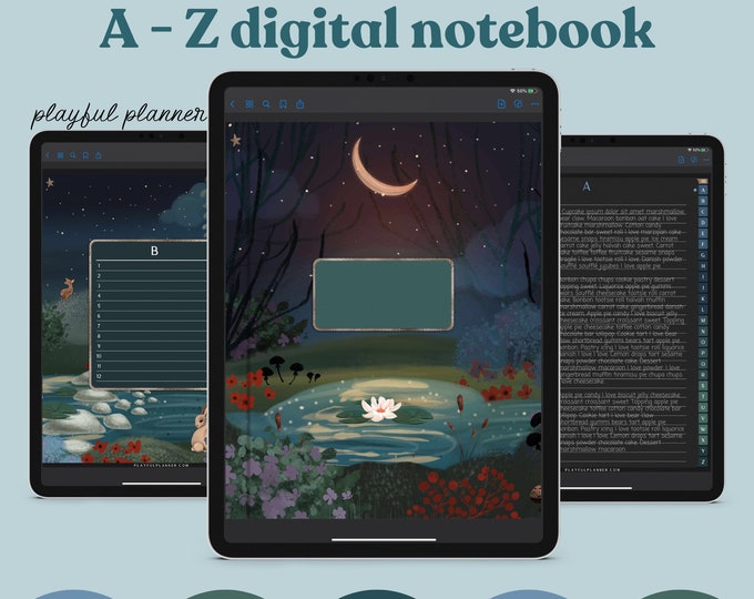 A to Z Alphabet Digital Notebook with Hyperlinked Tabs, Lined Pages, 8 Moonlight Night Forest Themed covers, Dark Mode & Light Mode | MFDC1