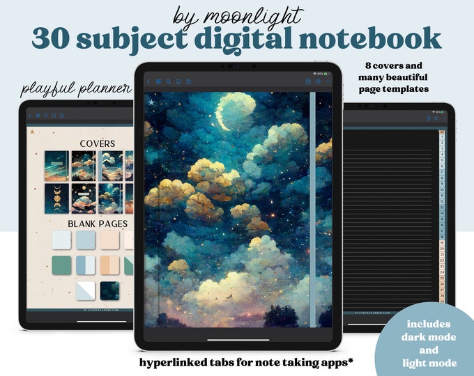 Digital Notebook Dark Mode 30 Tabs, 14 Note Page Designs, 8 Celestial Space Digital Covers, Dark Mode & Light Mode
