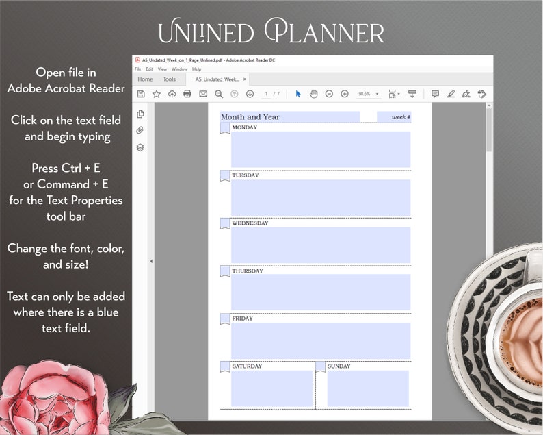 A5 Editable Weekly Planner Insert Printable Lined and Unlined Week on One Page Undated Week at a Glance image 3