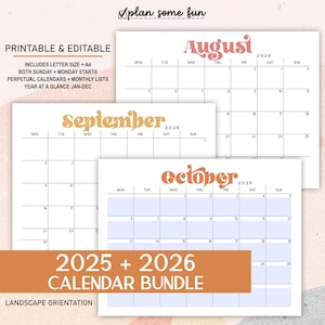 Paquete de calendarios 2025 y 2026: calendarios mensuales, perpetuos, editables e imprimibles, con vista general del año en tamaño carta A4