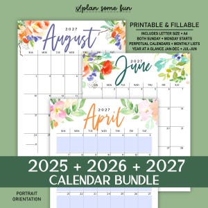 2026-2027 Watercolor Calendar Bundle: Monthly, Perpetual, Academic (Editable PDF Download A4/Letter Size)