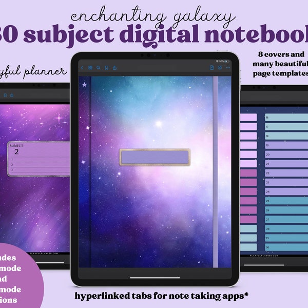 30 Tab Cosmic Galaxy Digital Notebook with Hyperlinked Tabs, 14 Note Page Designs, 8 Celestial Space Digital Covers, Dark Mode & Light Mode