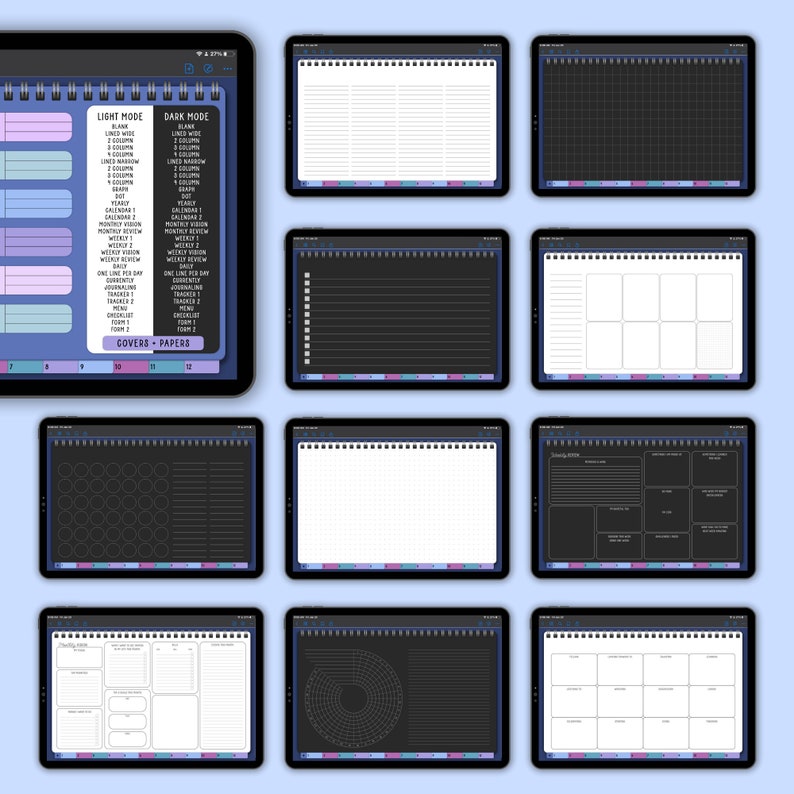 12 Subject Landscape Digital Notebook in Dark Mode & Light Mode with Hyperlinked Tabs, 8 Galaxy Covers, 30 Templates, and 29 PNG Inserts image 2