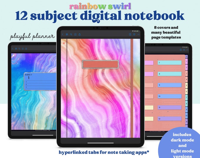 12 Subject Digital Notebook with Hyperlinked Tabs includes 14 Page Templates, Dark Mode and Light Mode, 8 Digital Neon Rainbow Swirl covers