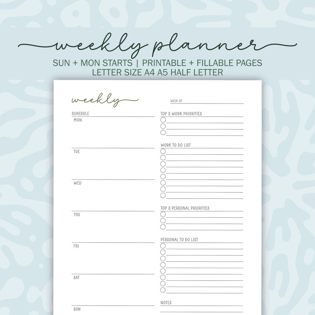 Printable Weekly Planner: Fillable PDF, A4 A5 Letter Size (digital ...
