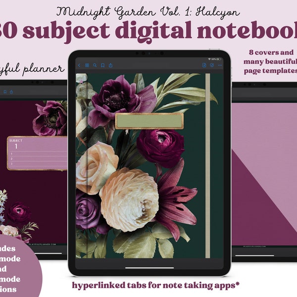 30 Subject Digital Notebook with Hyperlinked Tabs, 14 Note Page Designs, 8 Floral Covers, Dark Mode & Light Mode Included