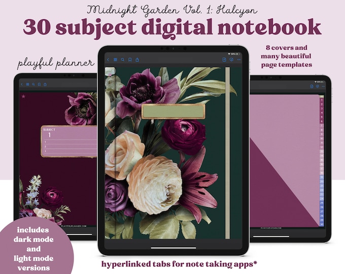30 Subject Digital Notebook with Hyperlinked Tabs, 14 Note Page Designs, 8 Floral Covers, Dark Mode & Light Mode Included