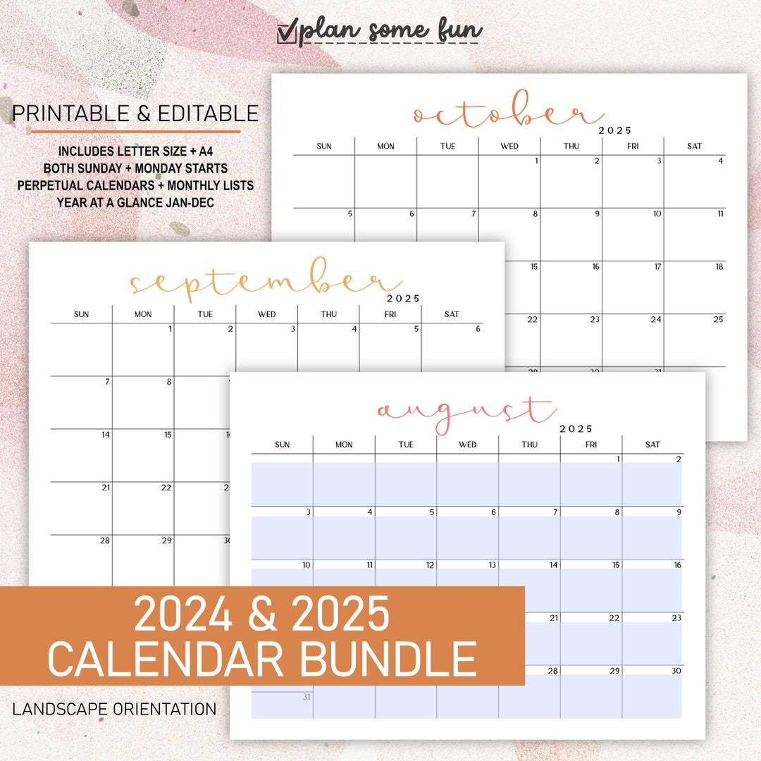 Printable Editable 2024 & 2025 Landscape Monthly Calendar Bundle