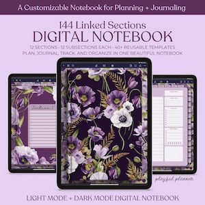 May include: Digital notebook on a tablet with a floral design. The screen displays a purple floral pattern and planning templates. Text on the screen reads "144 Linked Sections DIGITAL NOTEBOOK". Includes light and dark mode options.