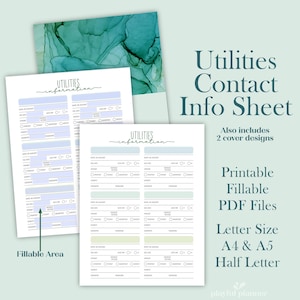 Könnte beinhalten: Ein druckbares Utilities Contact Info Sheet mit zwei Cover-Designs. Die PDF-Dateien sind ausfüllbar und in den Größen Letter, A4 und A5 erhältlich. Das Design hat ein teal-weißes Farbschema mit dem Wort "Utilities Information" oben.