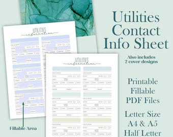 Printable Utilities Contact Info Sheet: Fillable PDF (A4, A5, Letter)