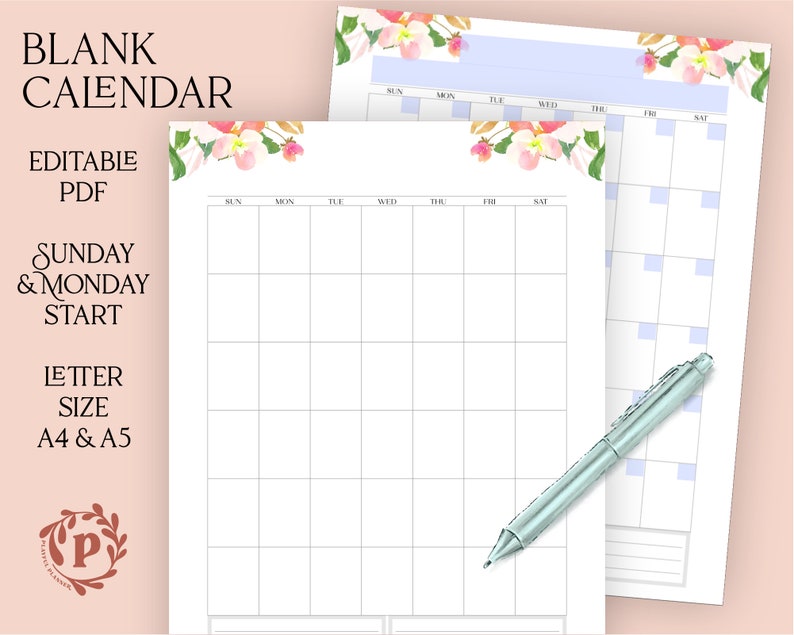 Blank Calendar Undated Printable Insert Editable PDF Use as - Etsy