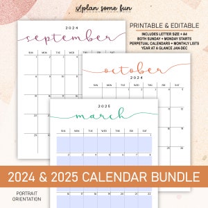 2024 2025 Calendar Bundle | Printable Editable Portrait Monthly Calendars, Perpetual Calendars, & Year at a Glance in A4 + Letter Size