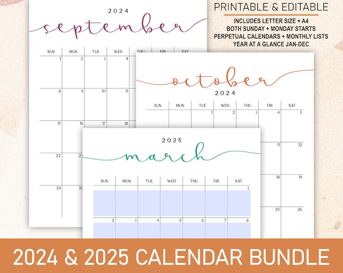 2024 2025 Calendar Bundle | Printable Editable Portrait Monthly Calendars, Perpetual Calendars, & Year at a Glance in A4 + Letter Size