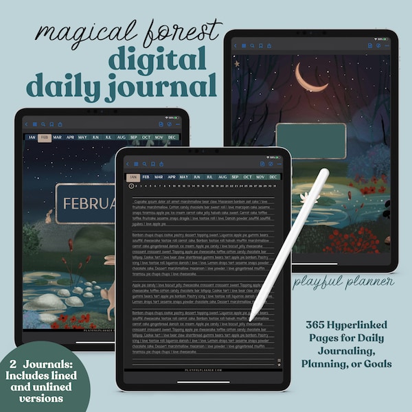 Daily Digital Journal with 365 Hyperlinked Dark Mode Pages including a 12 Section Notebook, 8 Covers, and 13 PNG Template Stickers | MFDC1
