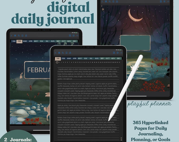 Daily Digital Journal with 365 Hyperlinked Dark Mode Pages including a 12 Section Notebook, 8 Covers, and 13 PNG Template Stickers | MFDC1