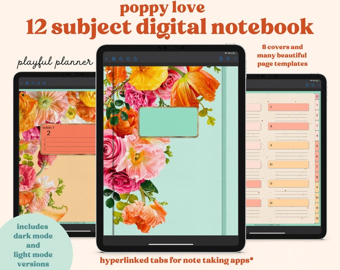 12 Subject Digital Notebook with Hyperlinked Tabs, 14 Note Page Templates, 8 Beautiful Floral Covers, Green Dark Mode