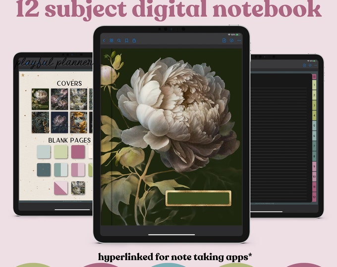 12 Tab Digital Notebook with Hyperlinked Tabs, 14 Note Page Designs, 8 Covers, Dark Mode and White paper versions included - MGV3