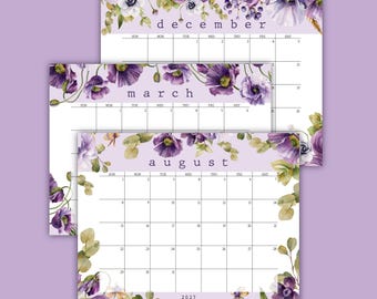 Printable 2026-2027 Purple Floral Calendar Landscape orientation