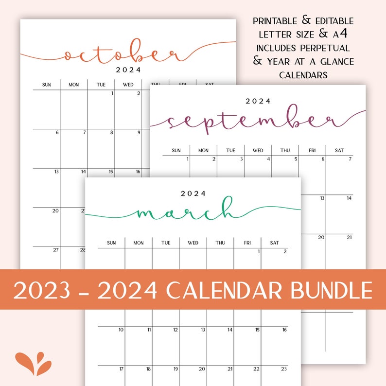 2022 2023 2024 Calendar Bundle | Printable Editable Portrait Monthly Calendars, Perpetual Calendars, & Year at a Glance in A4 + Letter Size 