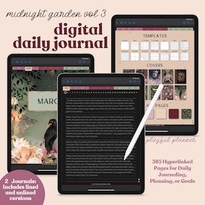Puede incluir: Conjunto de diario digital diario, "Midnight Garden Vol. 3", mostrado en tres tabletas. Los diarios incluyen versiones con y sin líneas, con 365 páginas con hipervínculos para llevar un diario diario, planificar o establecer metas. La portada presenta ilustraciones florales y de aves.