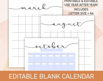 Undated Blank Monthly Calendar, Editable + Printable in sizes A4 + Letter Size | Reuse year after year!