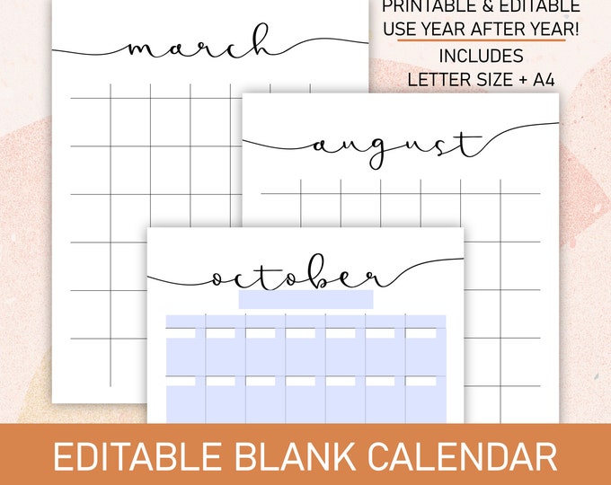 Undated Blank Monthly Calendar, Editable + Printable in sizes A4 + Letter Size | Reuse year after year!