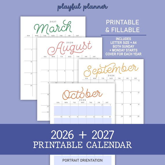 2026-2027 Printable Calendar Bundle: Editable Monthly & Perpetual Planners (A4/Letter Size) (PDF Download)