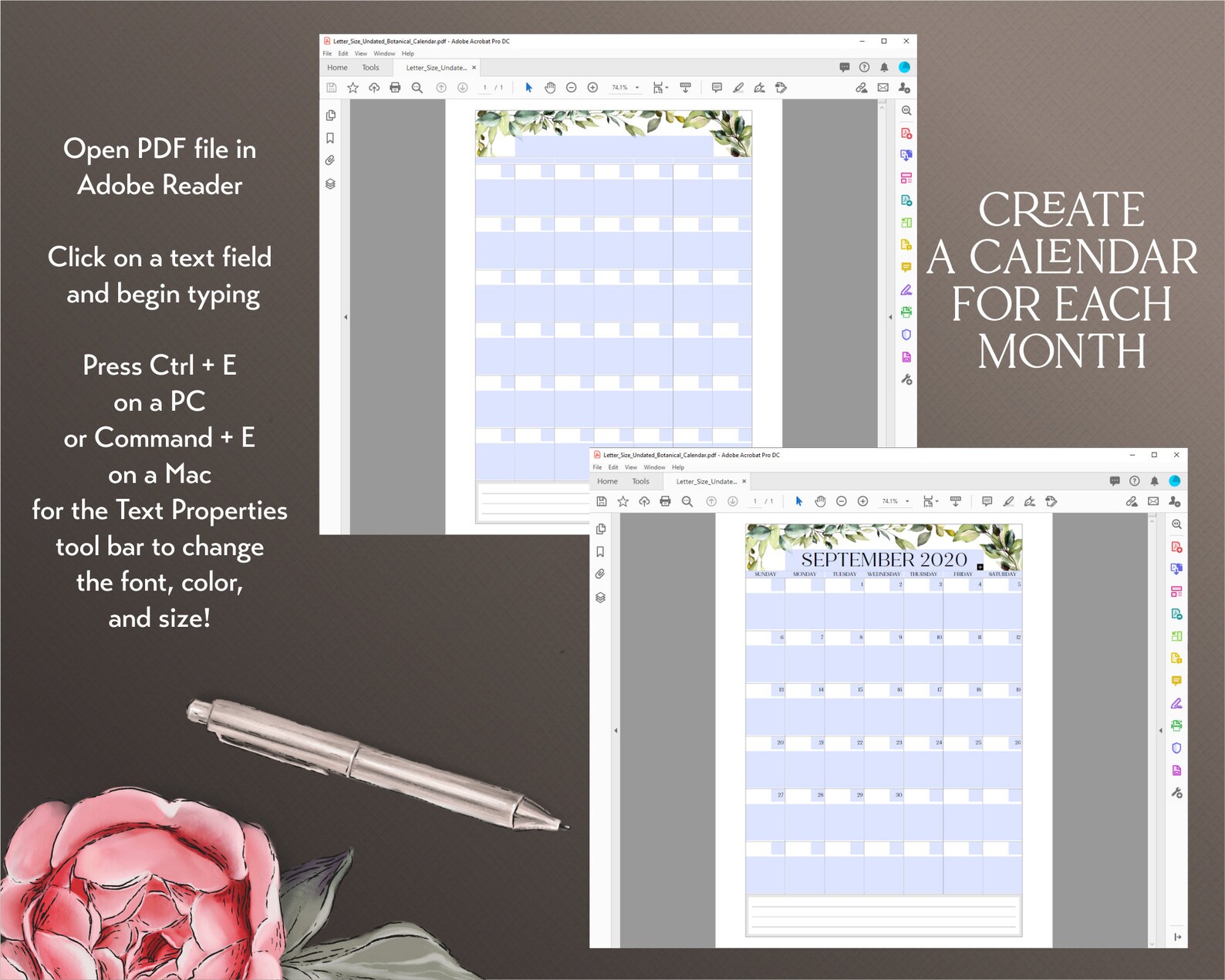 Editable Undated Monthly Calendar Printable Planner Insert in - Etsy