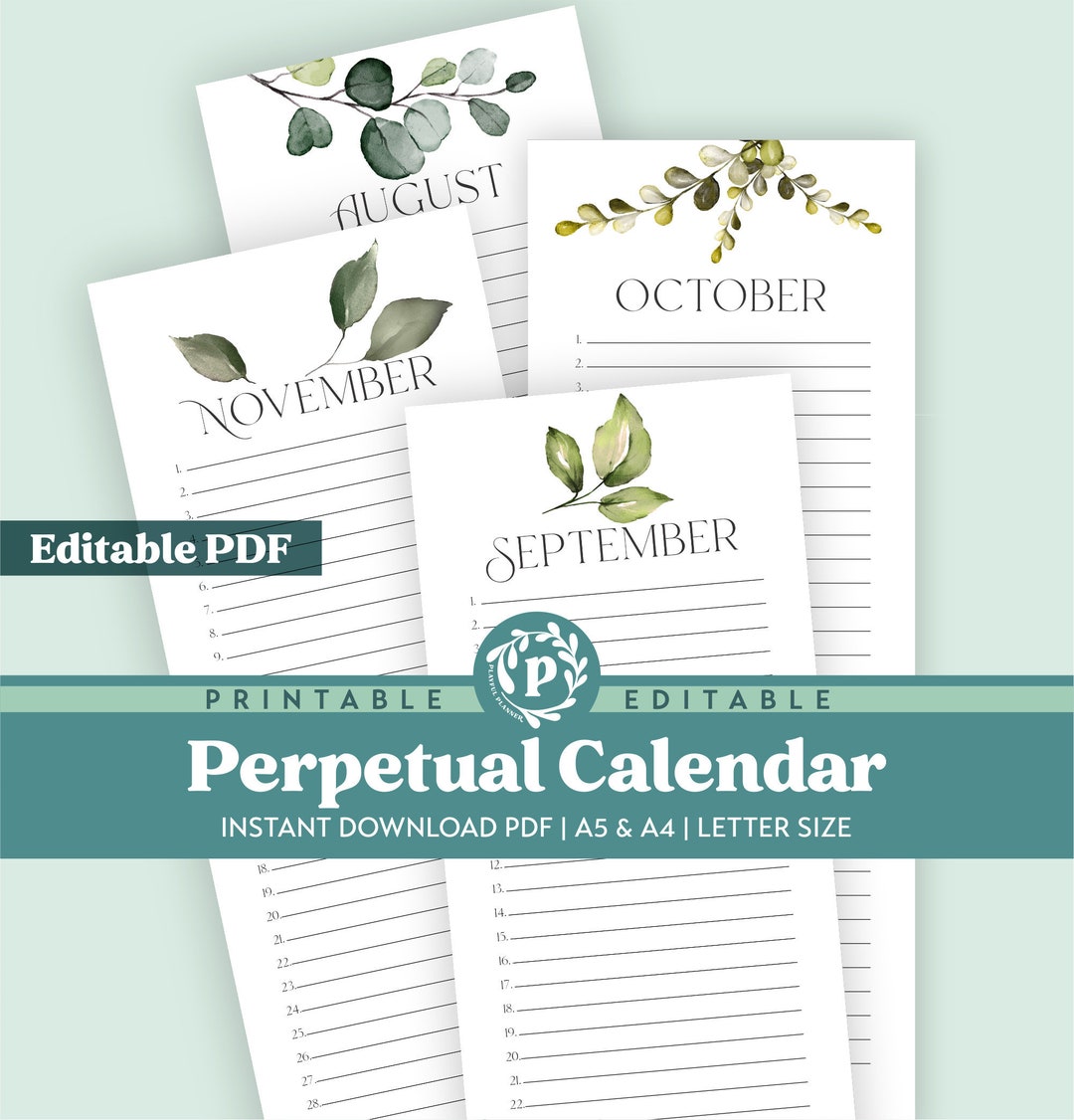 Editable Botanical Printable Perpetual Calendar | Watercolor List ...