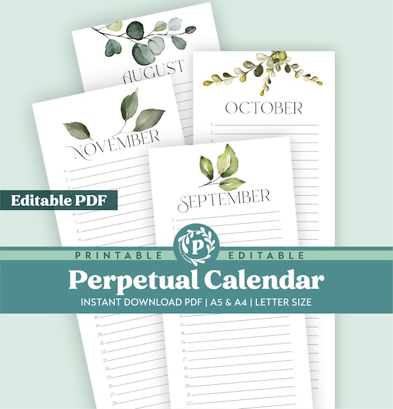 Botanical Perpetual Calendar: Watercolor List, Editable Printable (PDF & JPG)