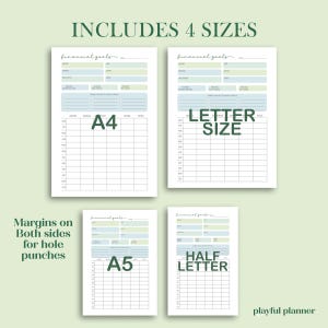 May include: Printable financial goal tracker in four sizes: A4, Letter, A5, and Half Letter. The printable has margins on both sides for hole punches. The printable is designed with a light green and blue color scheme.